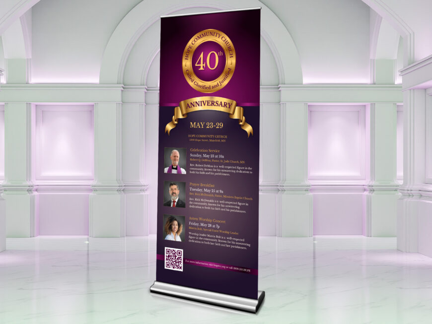 Purple Church Anniversary Roll-Up Banner Canva Template