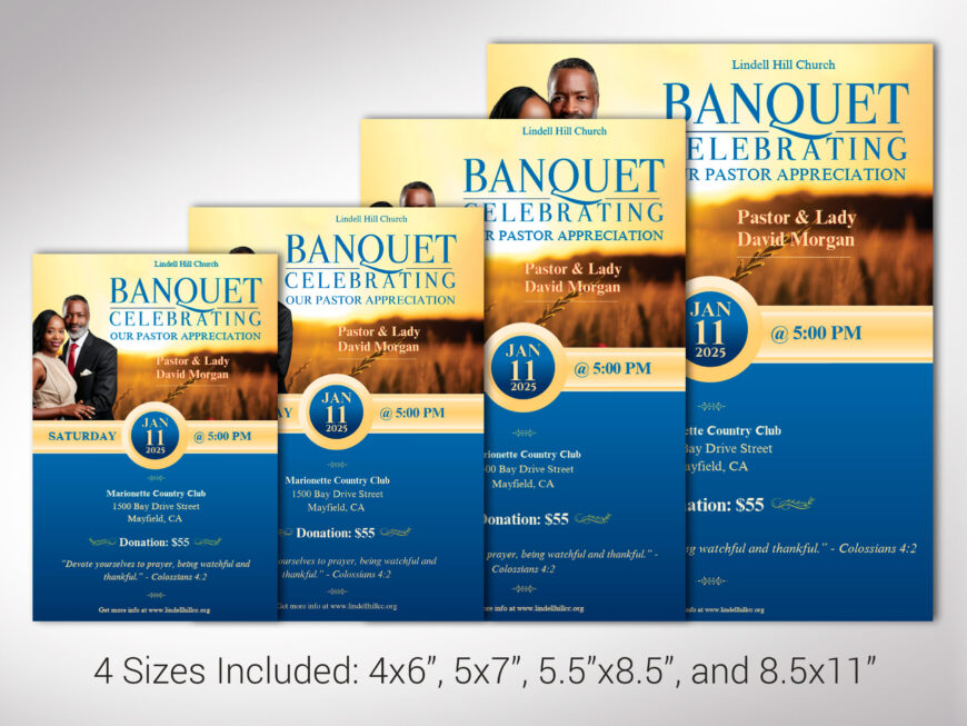 Blue Pastor Anniversary Banquet Flyer Canva Template