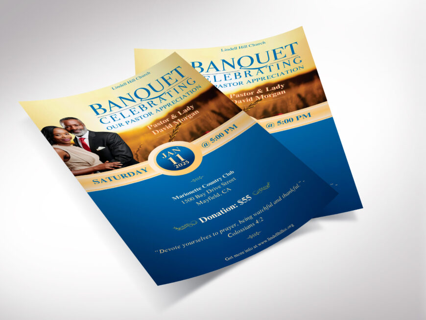 Blue Pastor Anniversary Banquet Flyer Canva Template