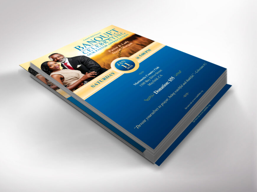 Blue Pastor Anniversary Banquet Flyer Canva Template