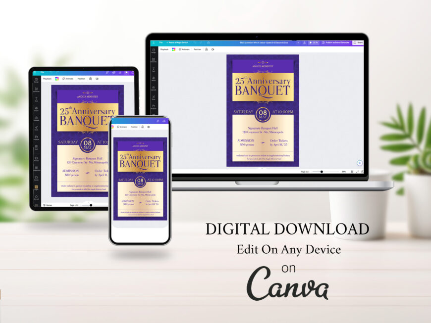 Purple Elegant Church Anniversary Banquet Flyer Canva Template