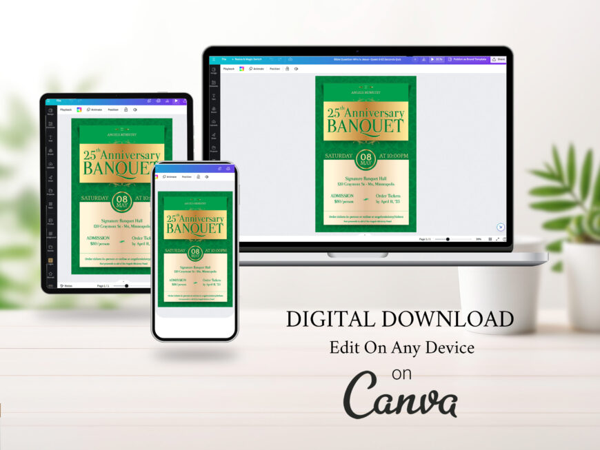 Green Elegant Church Anniversary Banquet Flyer Canva Template