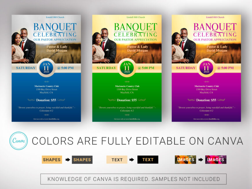 Blue Pastor Anniversary Banquet Flyer Canva Template