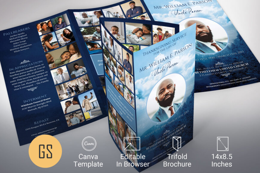 Blue Sky Funeral Program Template: Canva Trifold Obituary (14x8.5 in, Digital Download)