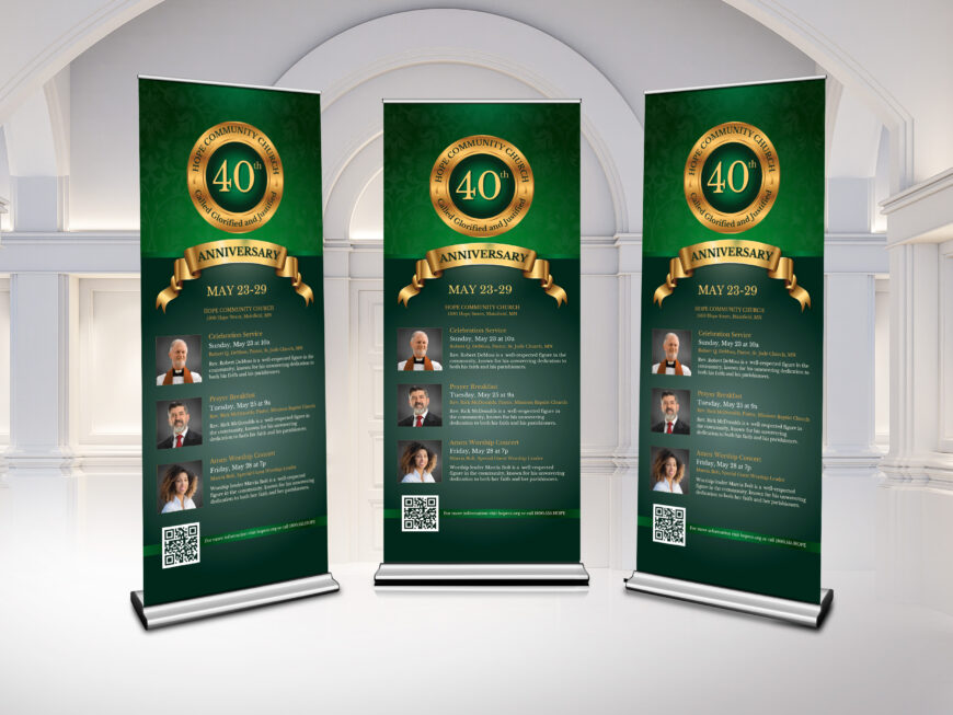Green Church Anniversary Roll-Up Banner Canva Template, Regal Green & Gold, Retractable Banner, Vertical Vinyl Display Design, 32x78"