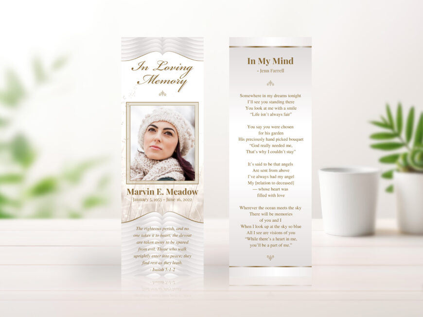 Quill Gray Loving Funeral Bookmark Template for Canva, Memorial Favor, Celebration of Life, Memory Card