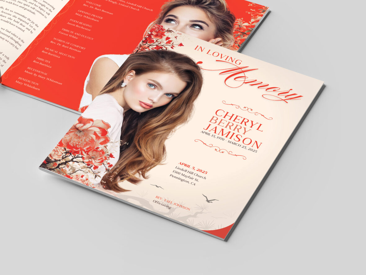 Red Chinoiserie Legal Funeral Program Canva Template, Red & Beige, Celebration of Life, Women's Obituary, Printable, Bifold 8-Page, 7x8.5"