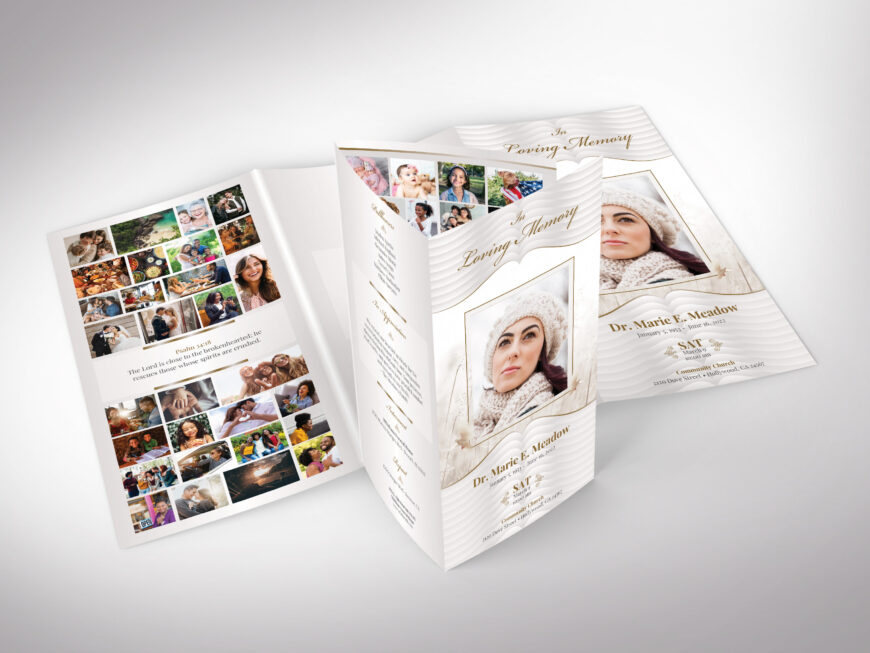 Quill Gray Legal Trifold Funeral Program Template for Canva, In Loving Memory, Celebration of Life, Women's Obituary Template, 14x8.5 in