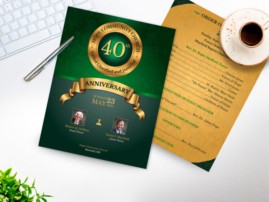Green & Gold Church Anniversary Program Template: Elegant Gala Bulletin (Digital Download)