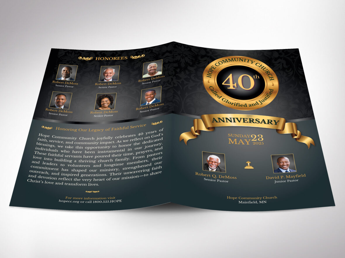 Black & Gold Church Anniversary Program Template: Elegant Gala Bulletin (5.5x8.5" Digital Download) Canva