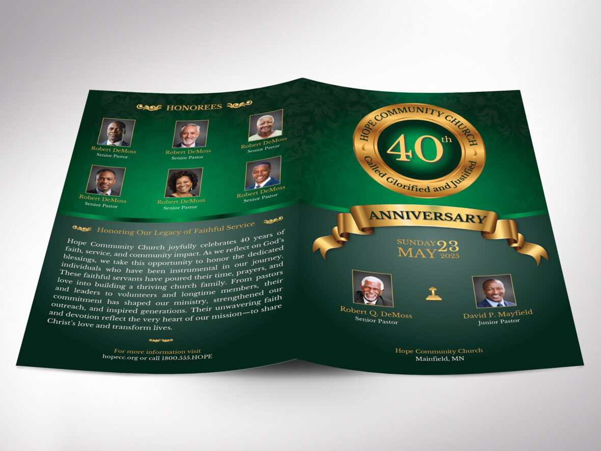 Green Church Anniversary Program Canva Template, Regal Green Gold, Pastor Appreciation, Gala & Banquet Bulletin Booklet, 4-Page, 5.5x8.5"