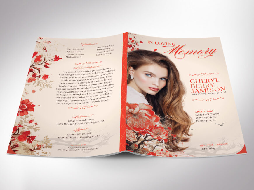 Red Chinoiserie Funeral Program Canva Template, Red & Beige, Celebration of Life, Women's Obituary, Editable Printable, 8-Page, 5.5x8.5"