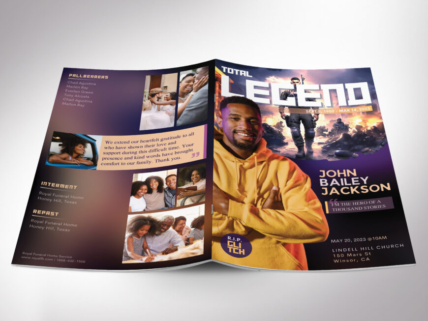 Gamer Funeral Program Canva Template, Purple and Gold, Magazine-Style, Celebration of Life, Obituary Template for Men, 8 Page, 5.5x8.5"