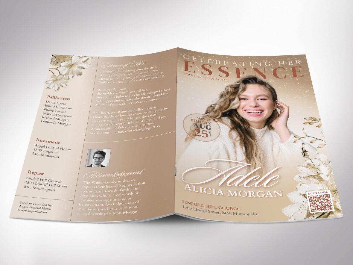 White Rose Funeral Program Template: 8-Page Celebration of Life (Canva, 5.5x8.5 in, Digital Download)