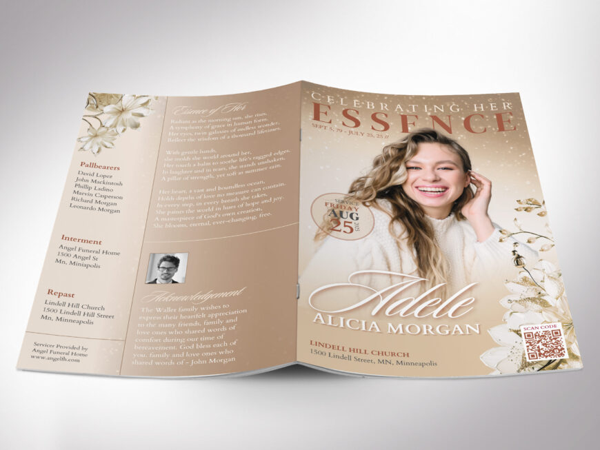 White Rose Funeral Program Template: 8-Page Celebration of Life (Canva, 5.5x8.5 in, Digital Download)