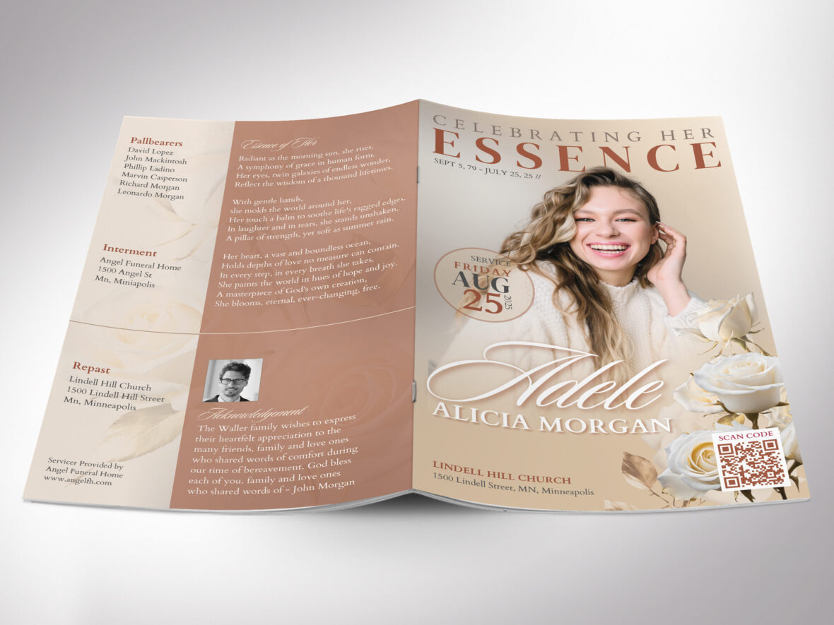 Floral Funeral Program Template: Beige Magazine Style, 8-Page (Canva, 5.5x8.5 inches, Digital Download)