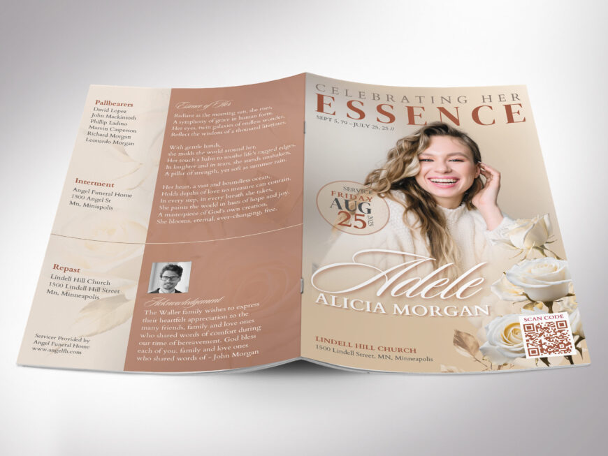 Floral Funeral Program Template: Beige Magazine Style, 8-Page (Canva, 5.5x8.5 inches, Digital Download)