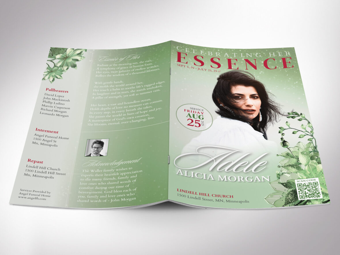 Green Floral Funeral Program Template: Magazine-Style Obituary (Canva, 7x8.5", Digital Download)