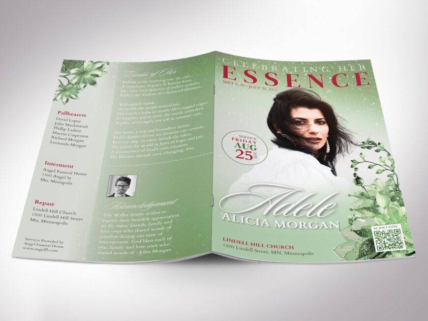 Green Floral Funeral Program Template: Magazine-Style Obituary (Canva, 7x8.5", Digital Download)