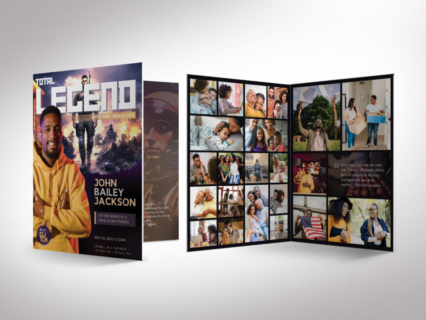 Gamer Tabloid Funeral Program Canva Template, Purple and Gold, Magazine-Style, Celebration of Life, Men's Obituary Template, 8 Page, 11x17"