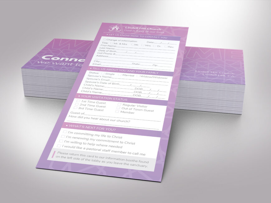 Pastel Purple Church Connect Card Template: Visitor Welcome (Canva, 4x9 in, Digital Download)