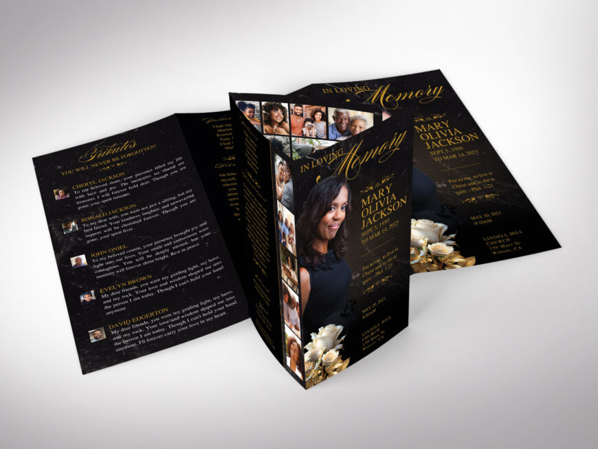 black Rose Funeral Program Template: Black & Gold, Trifold Obituary (Canva, 14x8.5 in, Digital Download)
