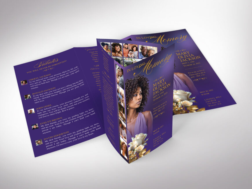 Rose Funeral Program Template: Purple & Gold, Trifold Obituary (Canva, 14x8.5 in, Digital Download)
