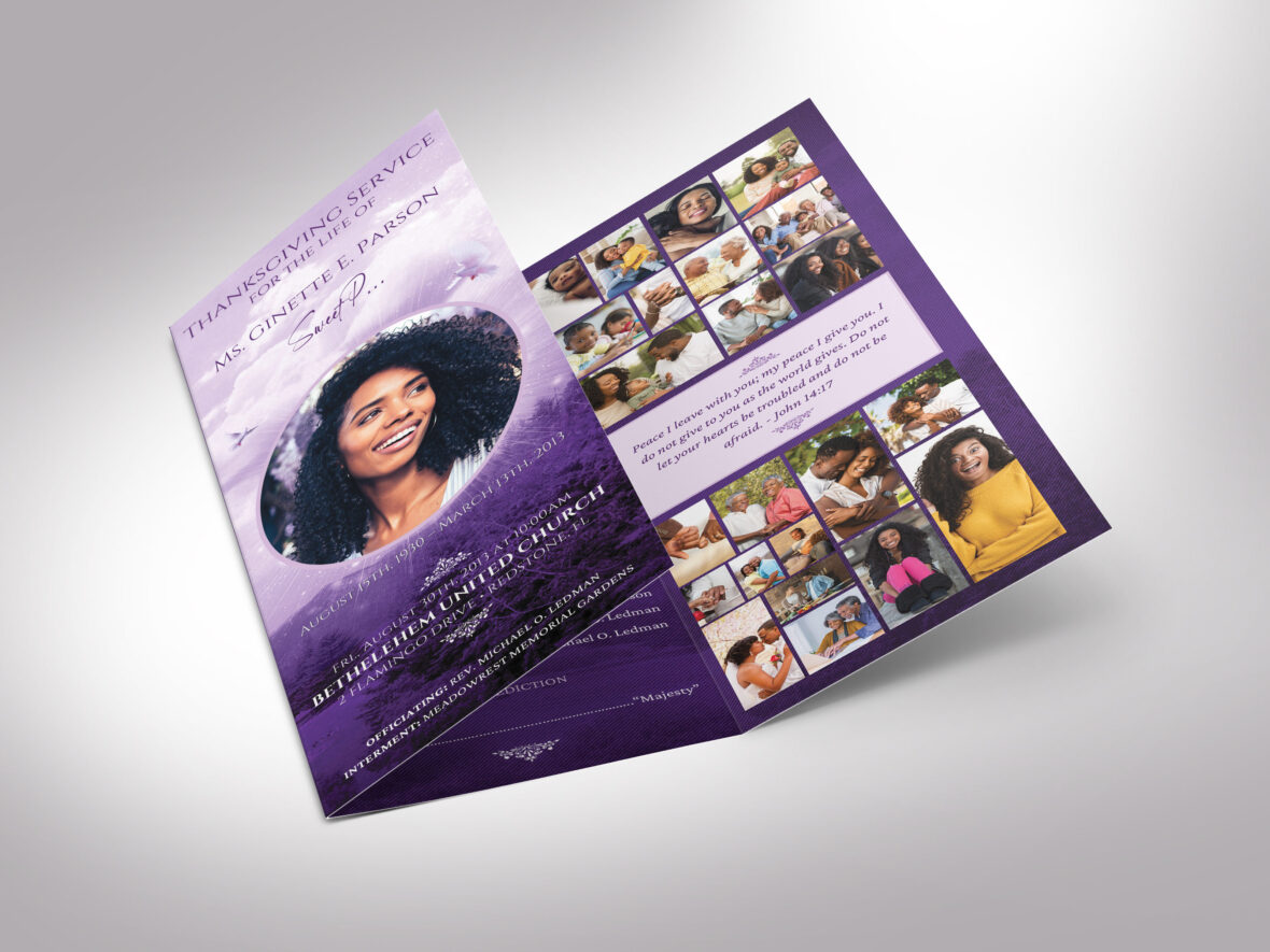 Purple Sky Funeral Program Template: Letter Trifold Obituary (Canva Design)