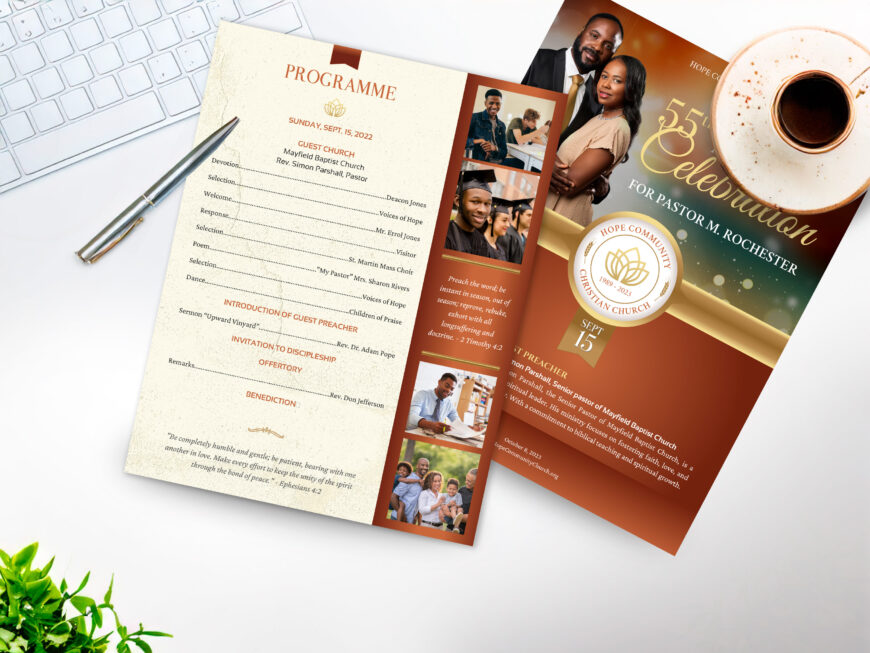 Pastor Anniversary Program Template: Bronze and Gold Church Celebration (Canva, 2 Sizes)