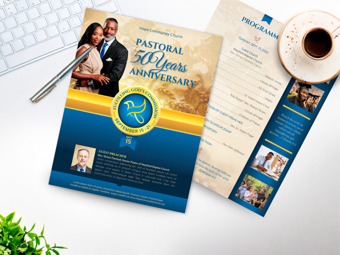 Blue & Gold Clergy Anniversary Program Canva Template (Digital Download)