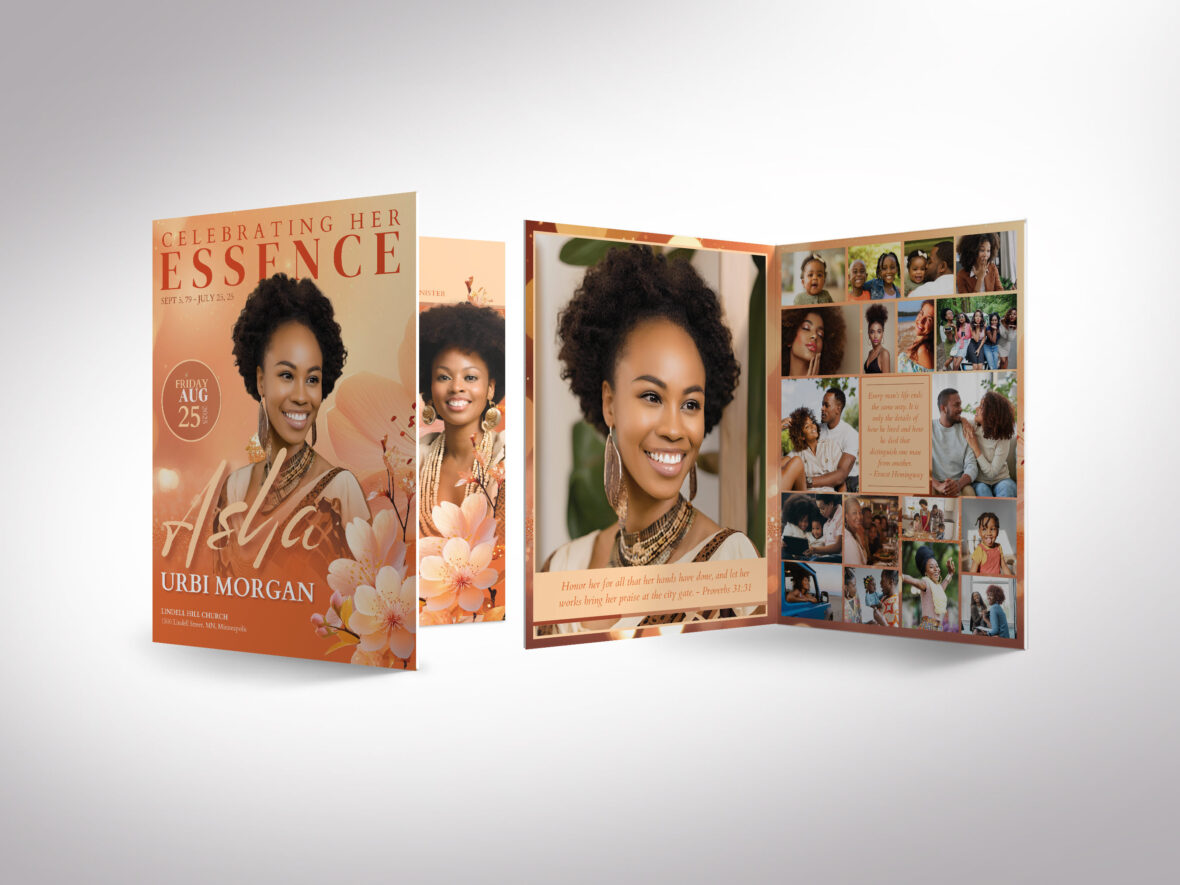 Cherry Blossom Funeral Program Template: Orange Magazine-Style Obituary (Canva, 8.5x11", Digital Download)