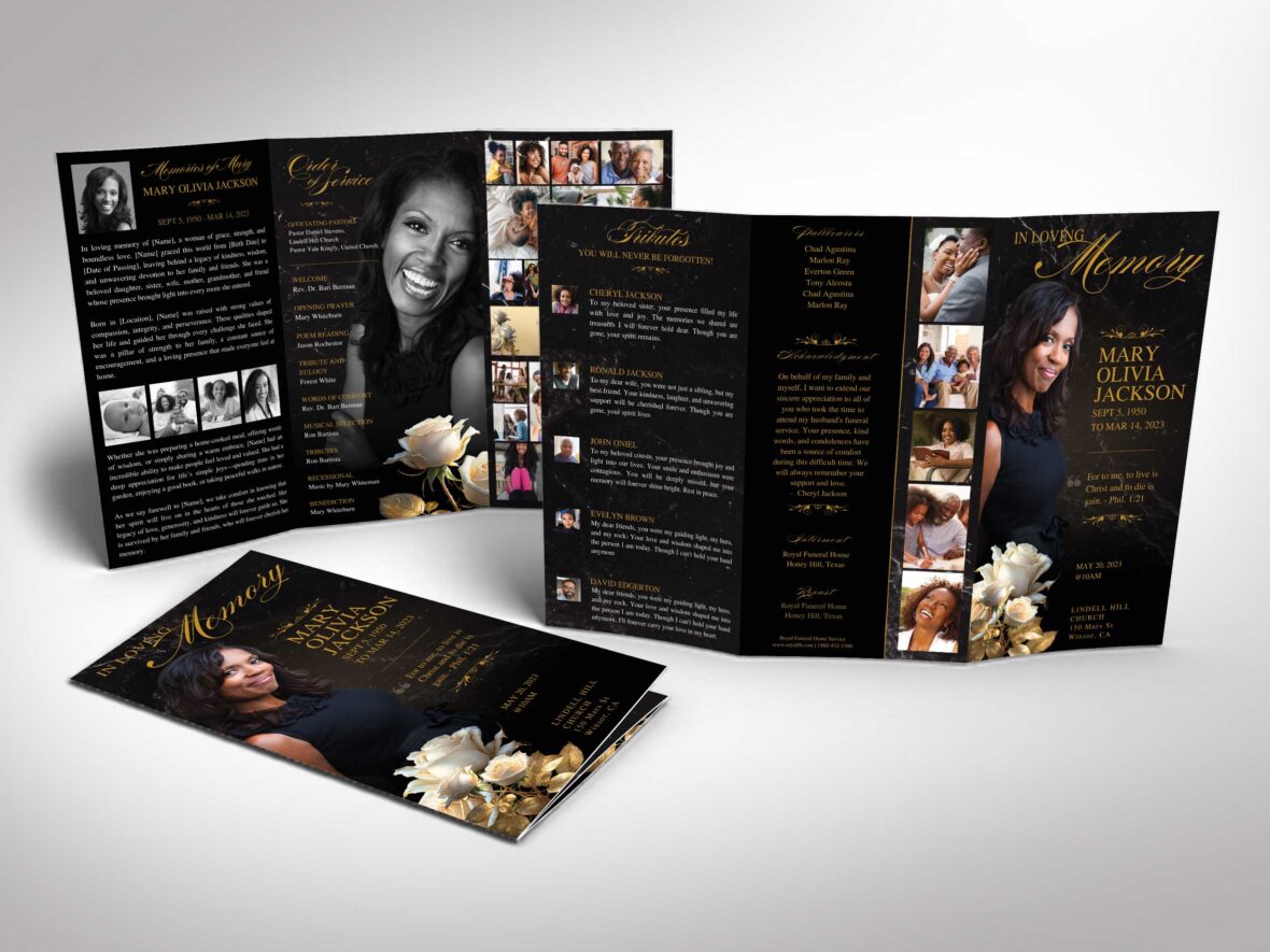 Black Rose Funeral Tabloid Program Template: Black & Gold, Trifold Obituary (Canva, 11x17 in, Digital Download)