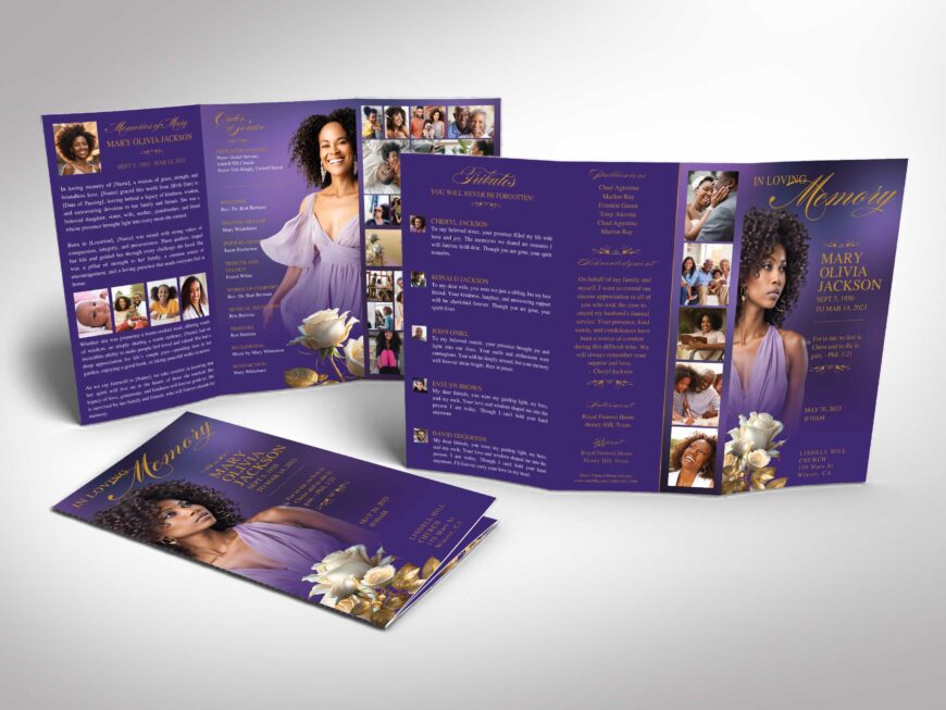 purple Rose Funeral Program Template: Purple & Gold, Trifold Obituary (Canva, 17x11 in, Digital Download)
