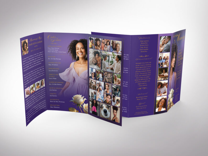 Purple & Gold Rose Funeral Program Template