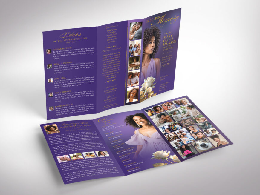Purple & Gold Rose Funeral Program Template