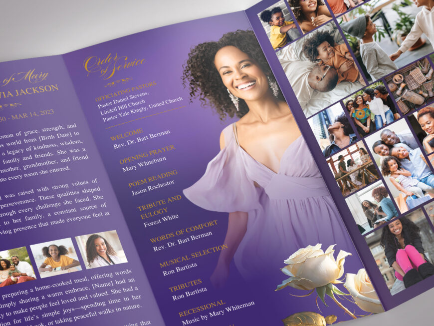 Purple & Gold Rose Funeral Program Template