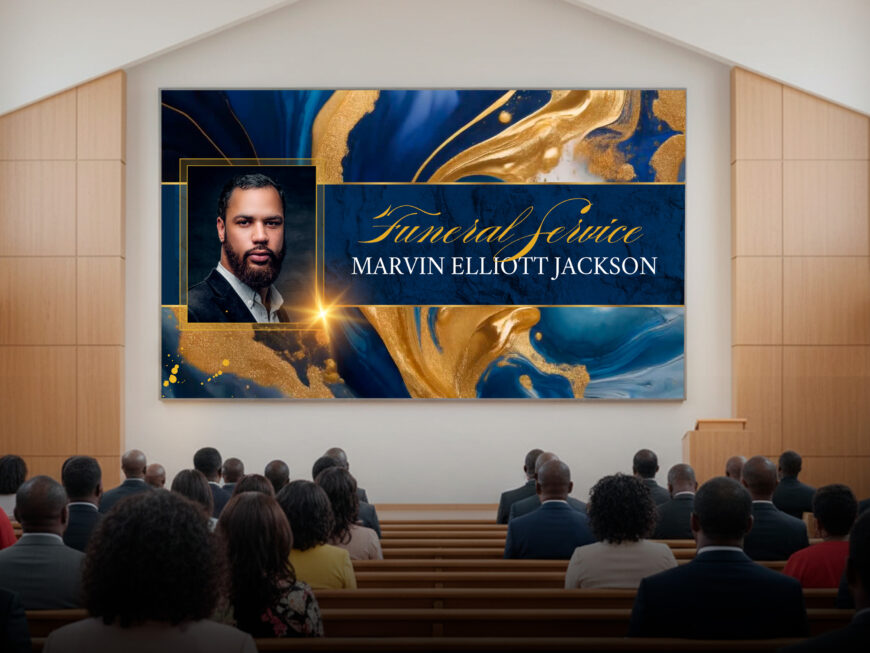 Navy Blue & Gold Funeral Animated Slide Template | Memorial Tribute Display (Canva, 1920x1080)