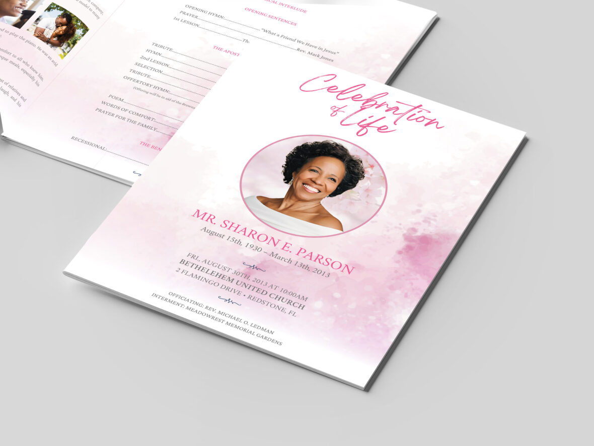 Pink Paint Funeral Program Template: Celebration of Life (Canva, 7x8.5 in)