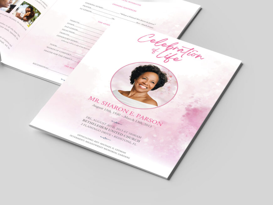 Pink Paint Funeral Program Template: Celebration of Life (Canva, 7x8.5 in)