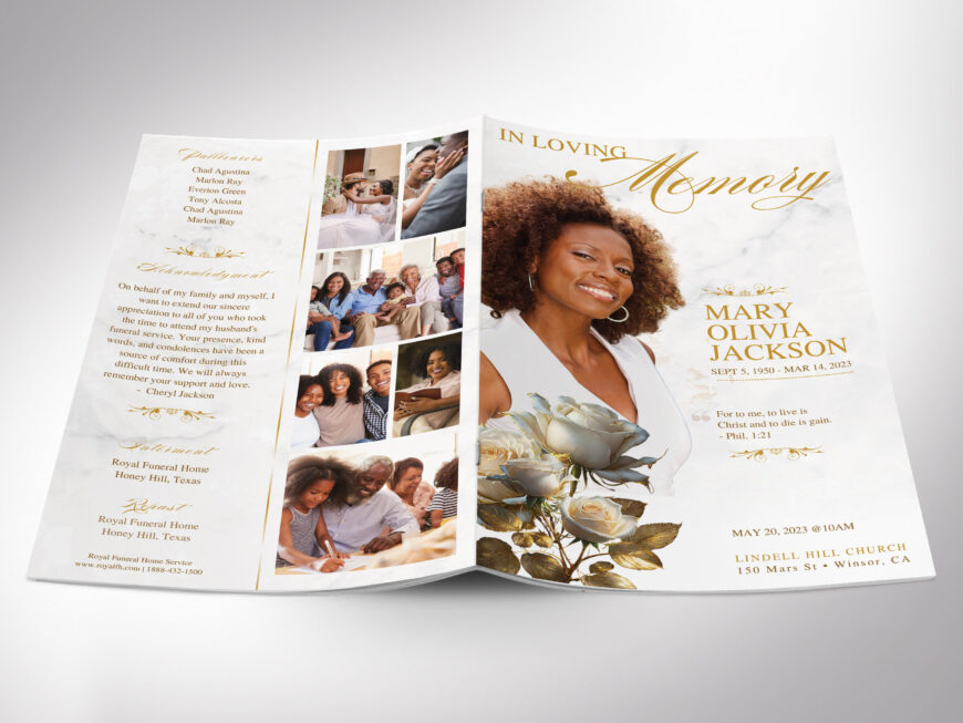 White Gold Rose Funeral Program Template | 8-Page Obituary Design (Canva, 5.5x8.5")