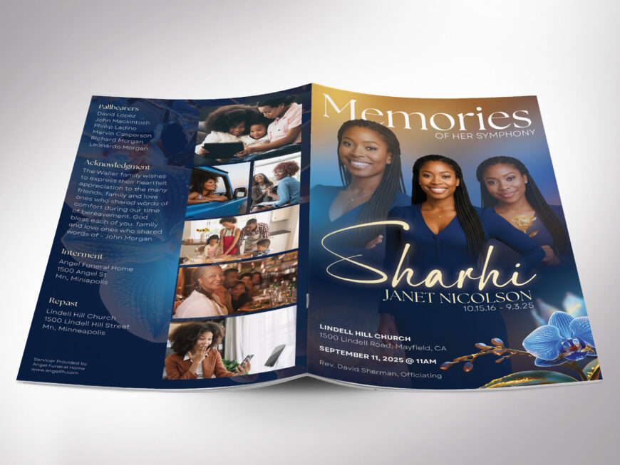 Blue Orchid Funeral Program Template | 8-Page Celebration of Life Brochure (Canva, 5.5x8.5")