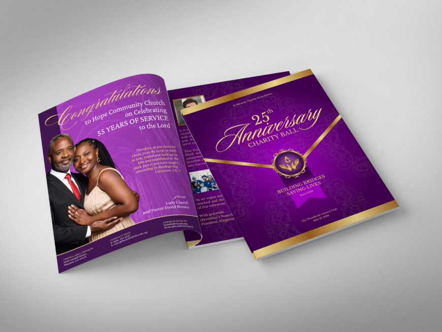 Church Anniversary Souvenir Book Template Purple & Gold Gala Program (Canva, 8.5x11, 24 Pages)