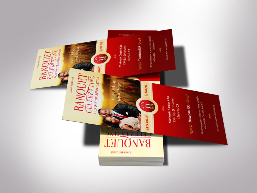 Pastor Anniversary Banquet Ticket Template: Red & Gold (Canva, 2 Sizes)