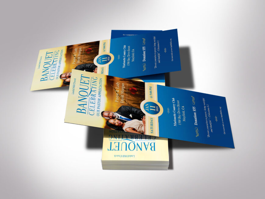 Pastor Anniversary Banquet Ticket Template: Blue & Gold (Canva, 2 Sizes)