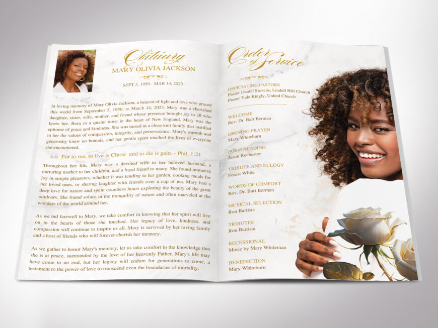 White Gold Rose Funeral Program Template