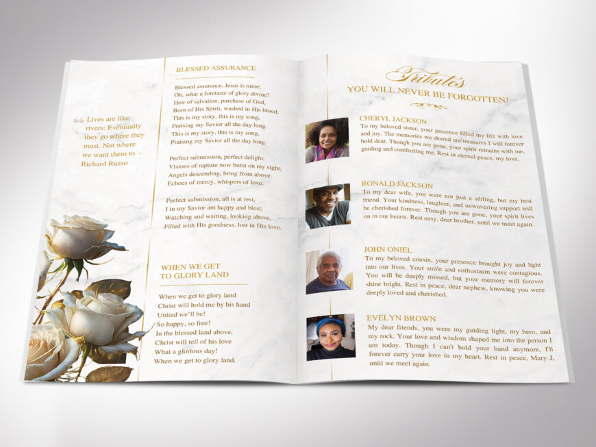 White Gold Rose Funeral Program Template