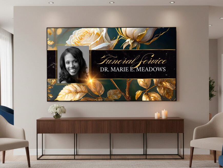 White Rose Funeral Animated Slide | Black & Gold Memorial Display with Photo (Canva, 1920x1080)