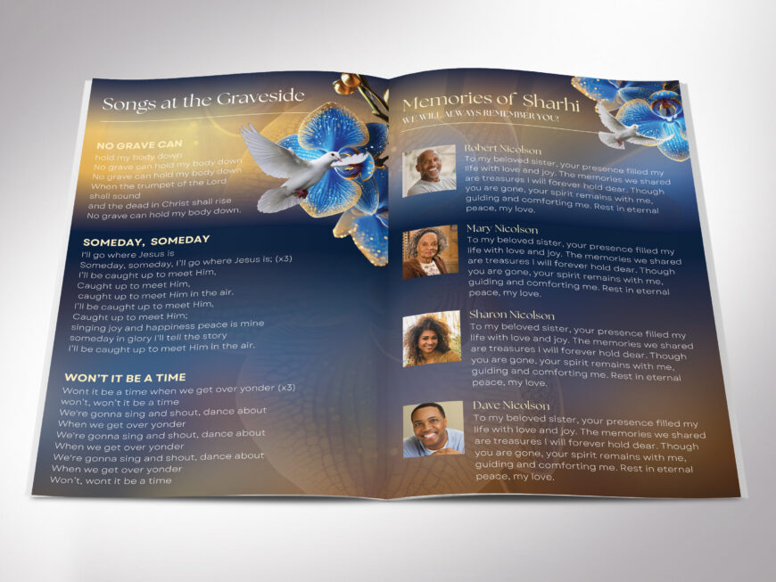 Blue Orchid Funeral Program Template | 8 Page