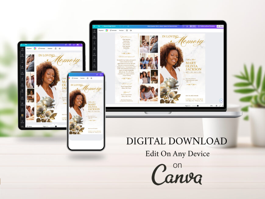 White Gold Rose Funeral Program Template