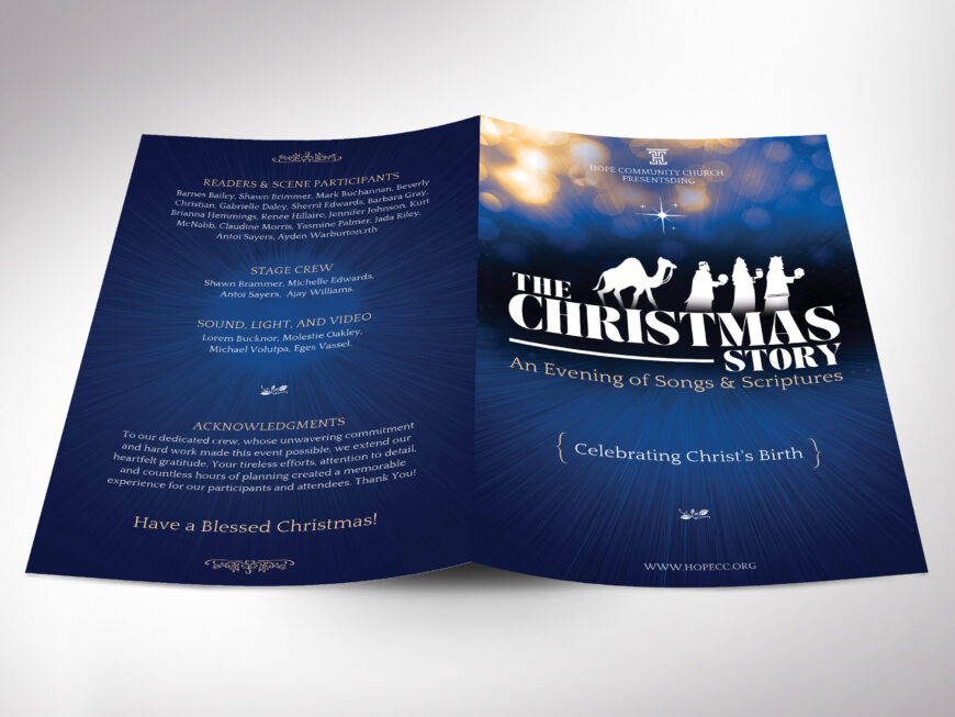 Christmas Story Program Template, Church Musical, Blue Gold (Canva, 5.5x8.5" Digital Download)